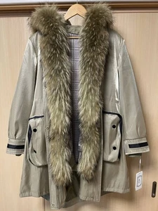 Rabbit Fur Lined Mods Coat Raccoon Trim Hood Military Style Women L US L - Picture 1 of 24