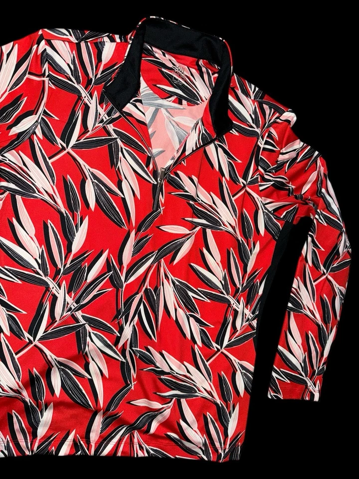Blusa de tênis de golfe feminina cauda etiqueta branca L manga longa 1/4 zíper vermelha floral ativa - Imagem 1 de 4