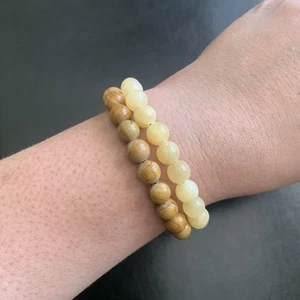 2 Pcs. Light Yellow Calcite & Brown Wood Jasper Beaded Stretch Bracelet Set - Picture 1 of 4
