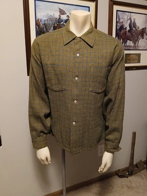 Camisa de franela vintage años 60 Van Heusen lana/acrílico cuello lazo verde oliva/azul Foto 1 de 4