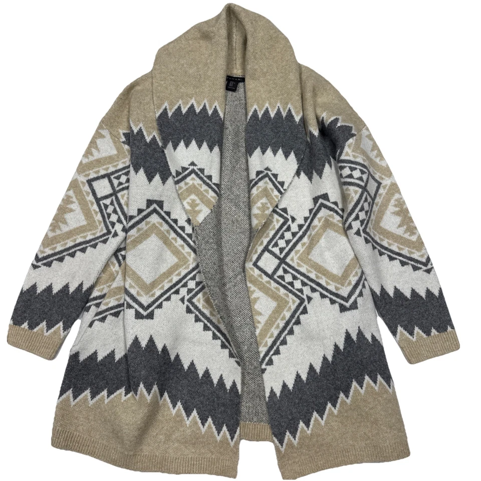Cárdigan/Chaqueta Suéter Tahari Azteca Tribal Geométrica Gris Tostado Frente Abierto XL Foto 1 de 4