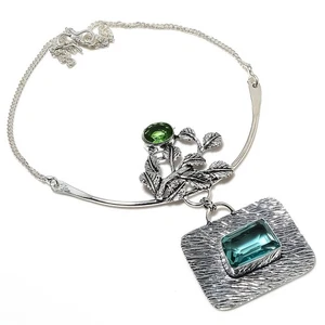 Aqua Apatite, Peridot Gemstone Handmade 925 Sterling Silver Jewelry Necklace 18" - Picture 1 of 5