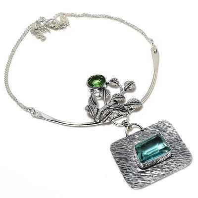 Aqua Apatite, Peridot Gemstone Handmade 925 Sterling Silver Jewelry Necklace 18" - Image 1 of 4
