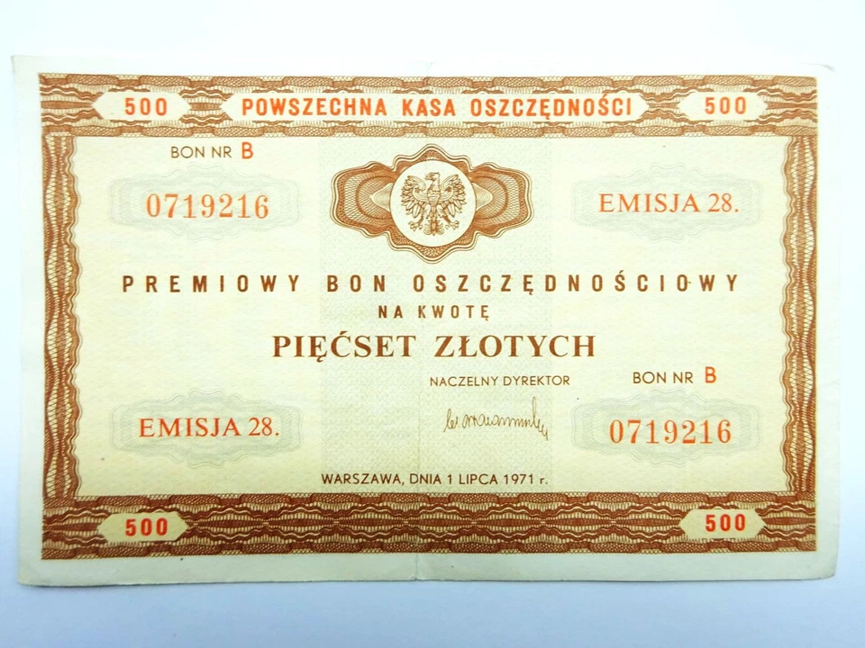 Bank Premium Savings Voucher  500 złotych 1971  Poland Bon Nr 0719216 - Image 1 of 2