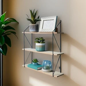 3-stufiges Regal Wandhängeregale schwarz Metallrahmen Holzregale Aufbewahrung Dekor - Bild 1 von 2