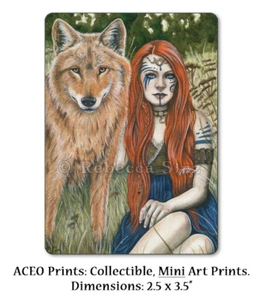 Arte de Fantasía IMPRESIÓN ACEO Lobo Chamán Mujer Cabello Rojo Naturaleza Celta Animal Vástagos - Imagen 1 de 3