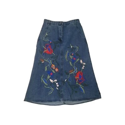 Tibi A-line Skirt Size 4 Embroidered Floral Denim Blue Jean Skirt  Foto 1 de 4