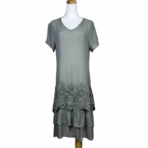 Hekka Green Dress Size Large Tiered Ruffle Hem With Lace Short Sleeves - Picture 1 of 8