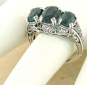 ART DECO 3 STONE SIMULATED LONDON BLUE TOPAZ 925 STERLING SILVER RING 1131Z - Picture 1 of 3