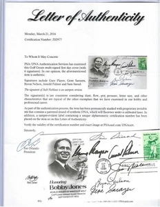 Copertina primo giorno autografata golfisti professionisti lettera PSA (6) Palmer,Snead - Foto 1 di 2