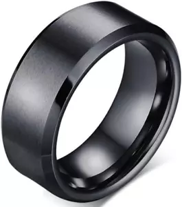 8Mm Brushed Matte Black Titanium Stainless Steel Classical Simple Plain Ring Wed - Picture 1 of 4