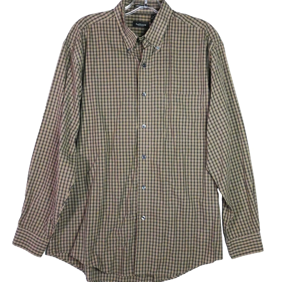 Van Heusen Mens Size M 15-15.5 Button Up Shirt  Long Sleeve Brown Plaid - Image 1 of 4