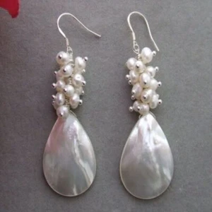 White Pearl Shell Earrings Sterling Silver Casual Unisex Hoop Silver Beaded - Picture 1 of 1