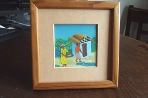Pintura enmarcada de vida rural de las islas del Pacífico firmada ¿bestias M? Arte pequeño de color brillante - Imagen 1 de 5