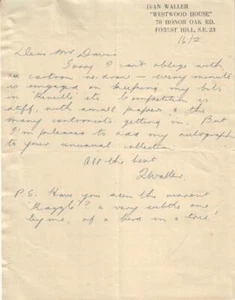 Ivan Waller Autographed Handwritten Letter Popular English Cartoonist - Picture 1 of 1