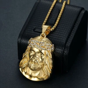 Mens Stainless Steel Jesus Christ Face Pendant Necklace Gold Color - Picture 1 of 14