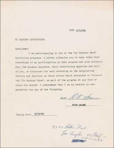NICK "THE REBEL" ADAMS - DOCUMENT SIGNED 05/13/1965 Cover