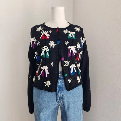 Vintage Mandal Bay Black Knit Presents with Bows Christmas Holiday Cardigan M - Image 1 of 4