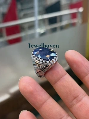 Минималистское мужское кольцо с синим сапфиром| прочный ремешок из серебра 925 пробы | заниженное мужское - Изображение 1 из 4