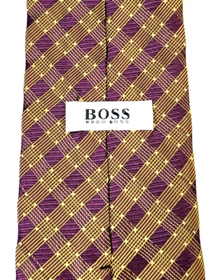 Vintage BOSS Hugo Boss 100% Silk Tie  Gold & Purple Checks Design Made in Italy - Image 1 of 4