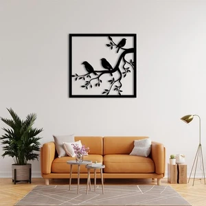 Modern Bird Wall Art, Black Metal Tree Branch Silhouette, Square Frame, 3D Home - Picture 1 of 6