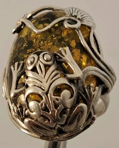 Anillo hecho a mano de plata esterlina ámbar bálico adornado talla 8 figurativo - Imagen 1 de 7
