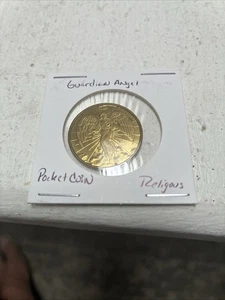 Vintage Guardian Angel Pocket Coin Double Sided Brass Gold Tone Medal Token - Picture 1 of 4