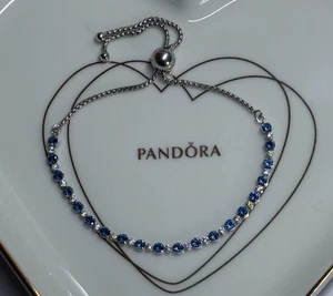 New Genuine Pandora Blue & Clear Sparkle Slider Tennis Bracelet 599377C01-2 25cm - Picture 1 of 5