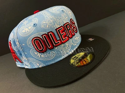 EXCLUSIVE HOUSTON OILERS FITTED HAT SCRIPT PAISLEY BLUE BLACK PATCH CLUB 7 1/2 - Image 1 of 4