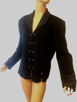 ST JOHN EVENING BLACK SANTANA KNIT BLAZER JACKET SHINY PAILLETTES ZIP FRONT   14 - Image 1 of 4