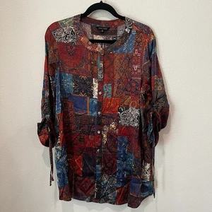 John Mark Schmuckton Blumen Knopfleiste Bindeärmel Top Gr. M Boho Lagenlook Chic - Bild 1 von 7