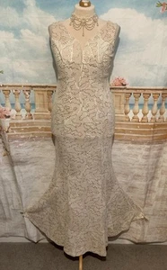 Evening Dress 14 16 Cream Gold Sequin Ballgown Fishtail Formal Stretch Prom Maxi - Picture 1 of 9