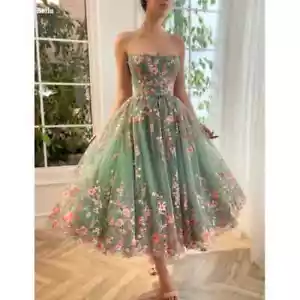 Green Flowers Embroidery Strapless Sleeveless Evening Dresses Wedding Dress - Picture 1 of 9