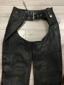 BIKERS CLUB Black Leather Chaps Premium Top Grain Cowhide Leather 3 Pockets XXS - Picture 1 of 5