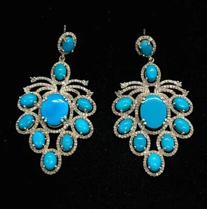 925 Sterling Silver Natural Turquoise Real Diamond Dangle Earring Gift For Women - Picture 1 of 4