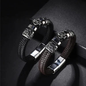 Men's Skull Spade Bracelet – Braided Leather & Stainless Steel Clasp - Picture 1 of 6