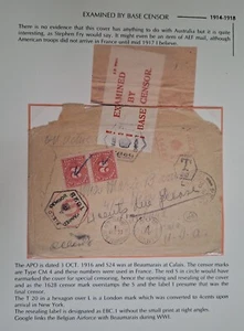 RARE 1916 France? Field Post Office Service Censor Cover TAXED 4c to USA - Bild 1 von 2