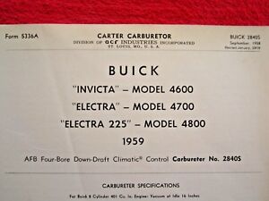 1959 BUICK INVICTA, ELECTRA, ELECTRA 225 CARTER AFB CARBURETOR SPEC INFO SHEET