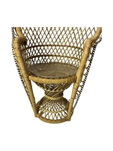 Vintage MCM 70's Boho Rattan Bamboo Wicker Miniature Peacock Chair Plant Stand
