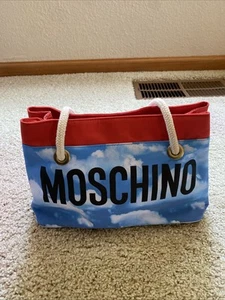 Vintage1990s Cloud Print Moschino Bag Red Blue Tote Bold Logo Rope Handles - Picture 1 of 11