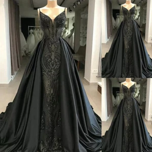 Precioso Vestido Formal Árabe Sirena Gótico Negro Sirena Fiesta Baile de graduación Plus - Imagen 1 de 10