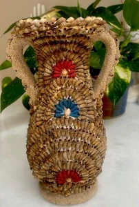 Vintage Southern Folk Art Shell Covered Vase 9" 2 Handles OOAK Amazing Rare - Picture 1 of 8