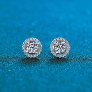 Gorgeous Encircled Moissanite 2Ct Stud Earrings Solid 925 Sterling Silver