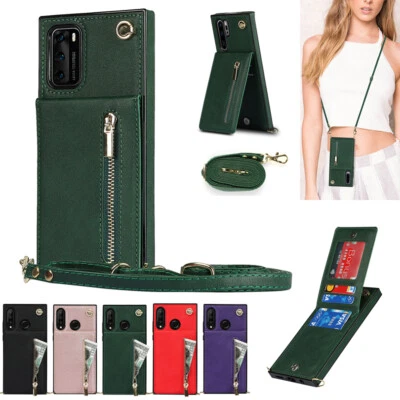 Crossbody Leather Case Zip Flip Card Back Cover for Huawei P30 Lite/P30/P40 Pro - Image 1 of 4
