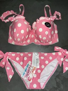 Ladies Pink & White Spotty Floozie Frost French Bikini Size 10 Bottoms 32FF Top - Picture 1 of 9