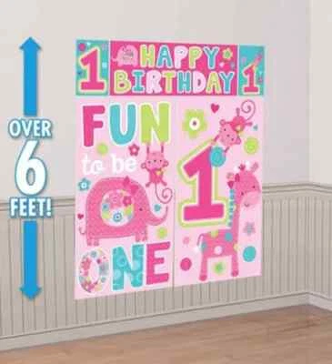 Fun to be one Happy Birthday Pink Wild Scene Setter Party Wall Photo Backdrop - Изображение 1 из 4