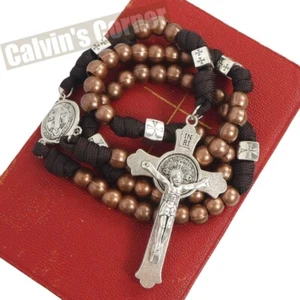 St Benedict Paracord Rosary Necklace Brown Metal Bead Five Decade Crucifix Cross - Picture 1 of 8