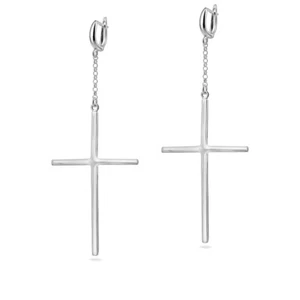 Sterling Silver 925 Cross Earrings Long Chain Drop Christian Religious Jewelry - Picture 1 of 5