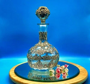 Vintage Crystal Cut Glass Big Decanter in Silver Metal Filigree Case Beautiful - Picture 1 of 12