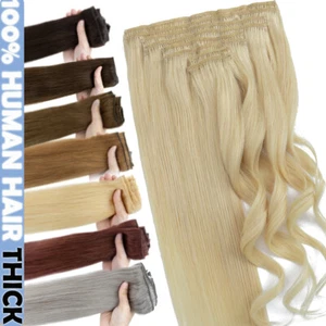 Dicke doppelte Schuss 100 % Echthaar Extensions Clip in Remy voller Kopf 170 g + blond - Bild 1 von 76